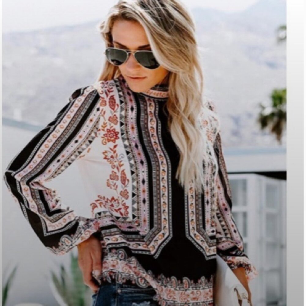 Boho Long Sleeve Striped Floral Women’s Shirt - Large